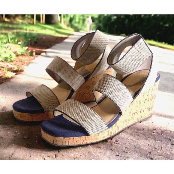 Comfort Est 1946 Womens Ankle Strap Wedge Sandals Size 9 3 1/2" Heel Blue White - Picture 5 of 16